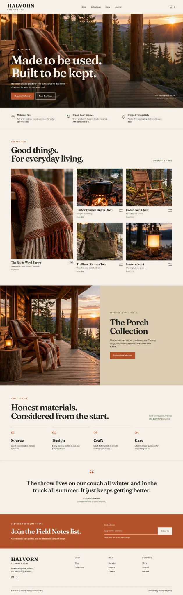 Full-page concept site for Halvorn Outdoor & Home, a fictional business
